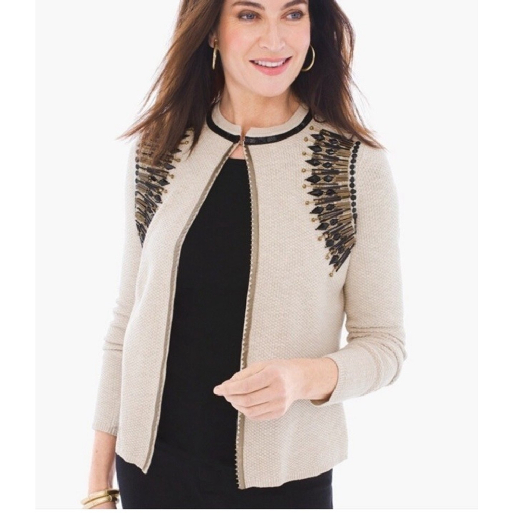 NEW $119 Chico’s Beaded Seed Stitch LS Cardigan Sweater, Beige, Sz. 2 (L 12/14)
